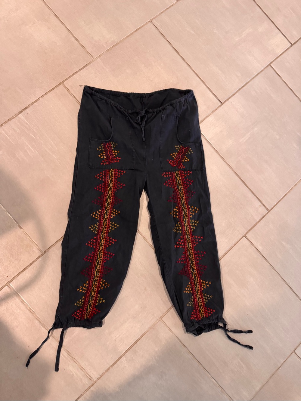 Black Embroidered Drawstring Pants